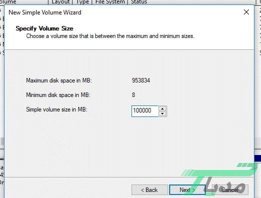 تعیین اندازه پارتیشن جدید