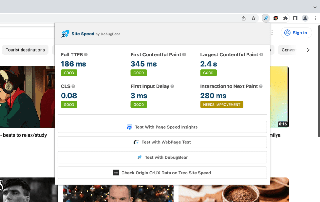معیار INP را با افزونه Site Speed Chrome مشاهده کنید