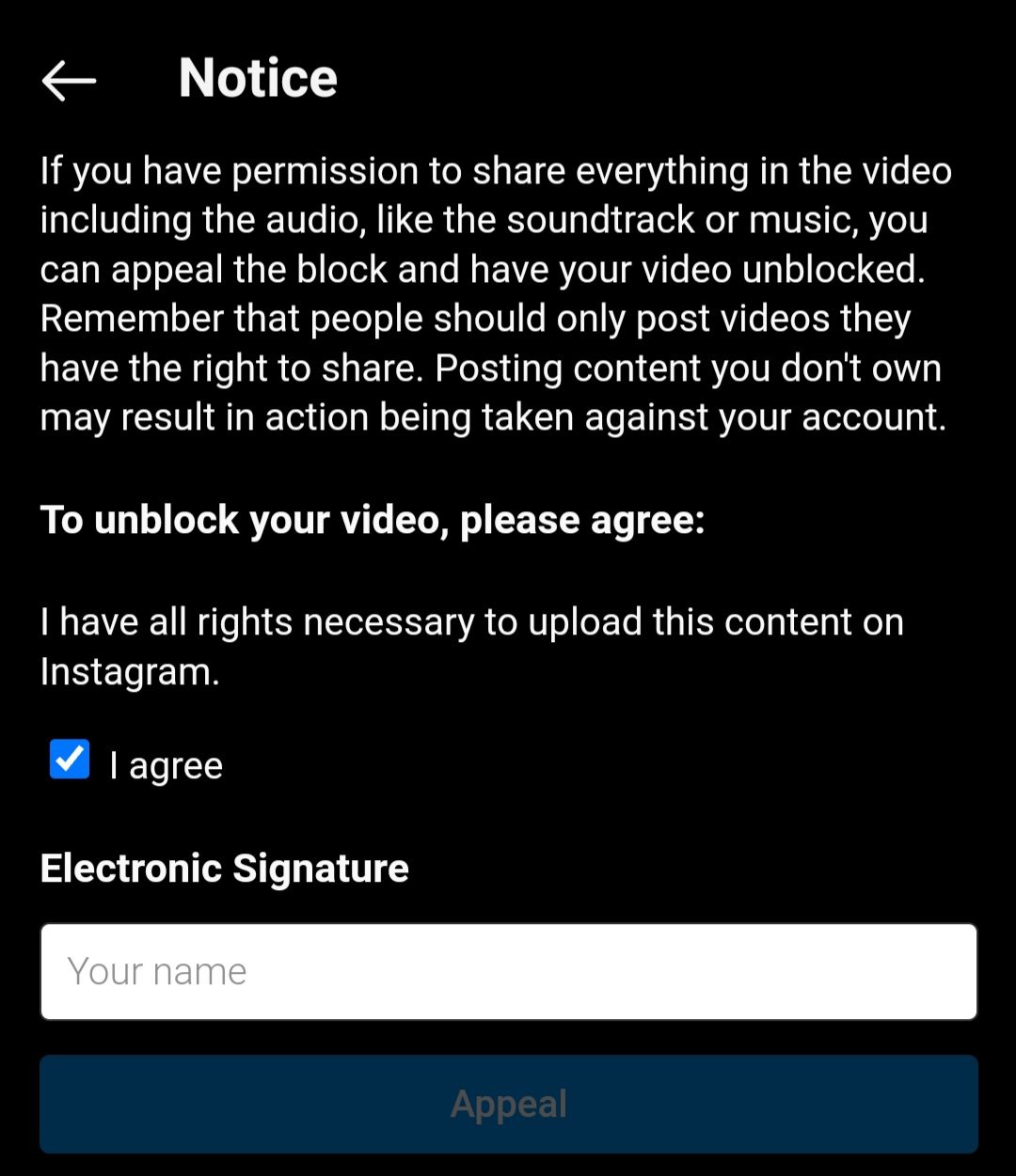 اخطار کپی رایت اینستاگرام